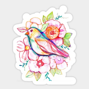 floral bird illustration with rainbow colors, peonies, pink flowers, pink bird, cute illustration Sticker